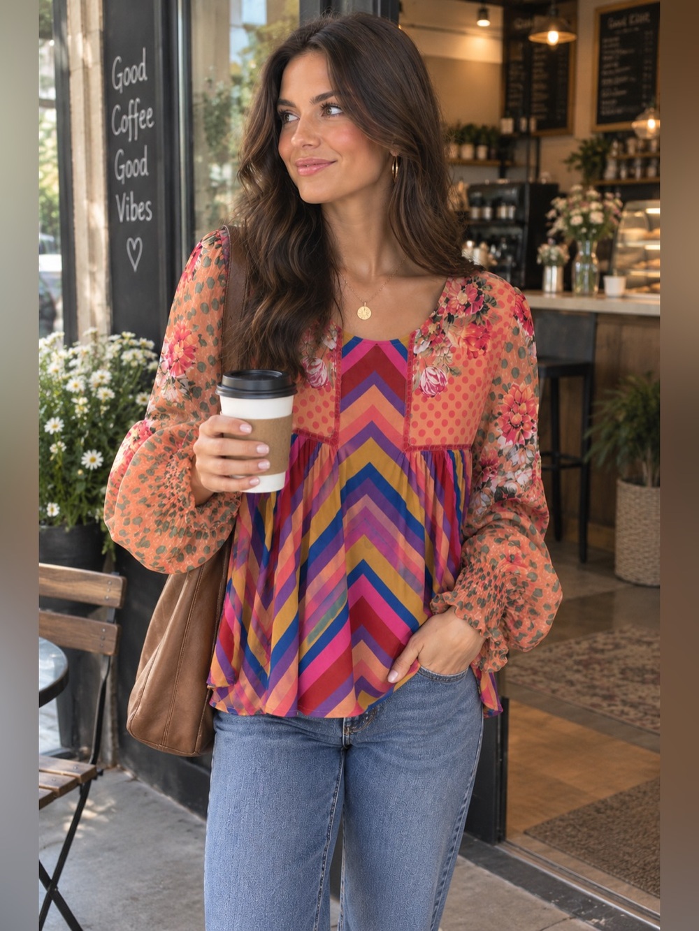 Multicolor Chevron & Floral Long-Sleeve Blouse - Pink/Gold